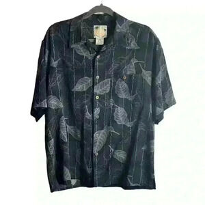 Banana Cabana Hawaiian Mens Size Large Black Floral Silk Button Up Trave…